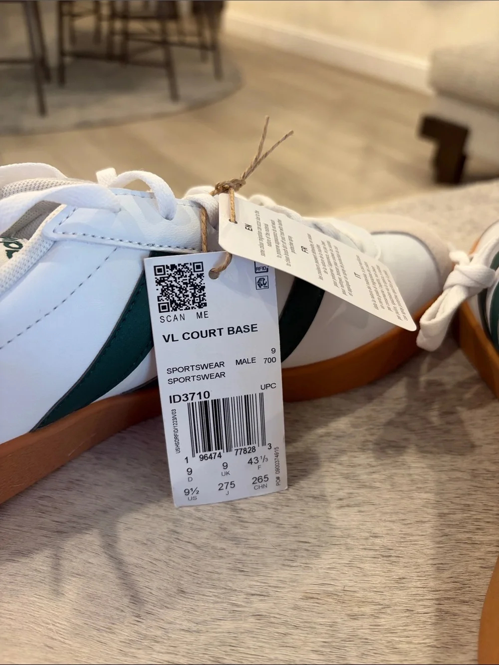 Adidas VL Court Base Sneakers | White/Green Gum Sole | Men’s US 9.5 | NEW No Box